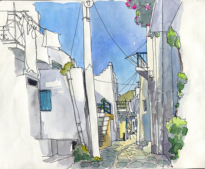 Carnet de voyage à paros, delphine Priollaud-Stoclet. Aquarelle et croquis sur le vif.