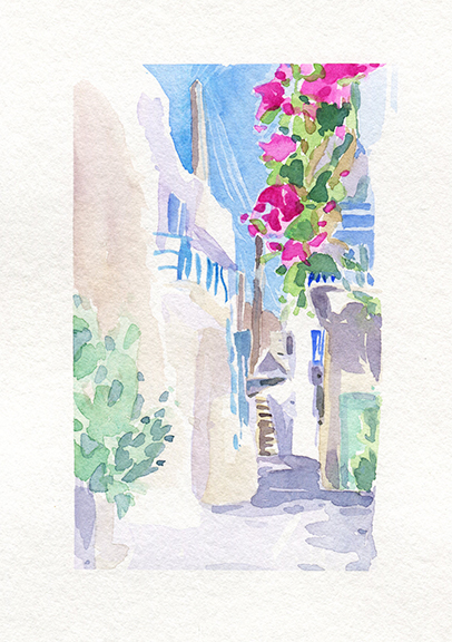 Carnet de voyage à Paros, Parikia. Aquarelle, Delphine Priollaud-Stoclet